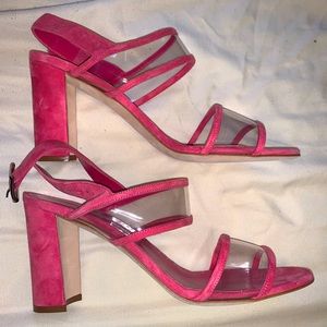 Manolo Blahnik Pink Suede Heels with PVC straps